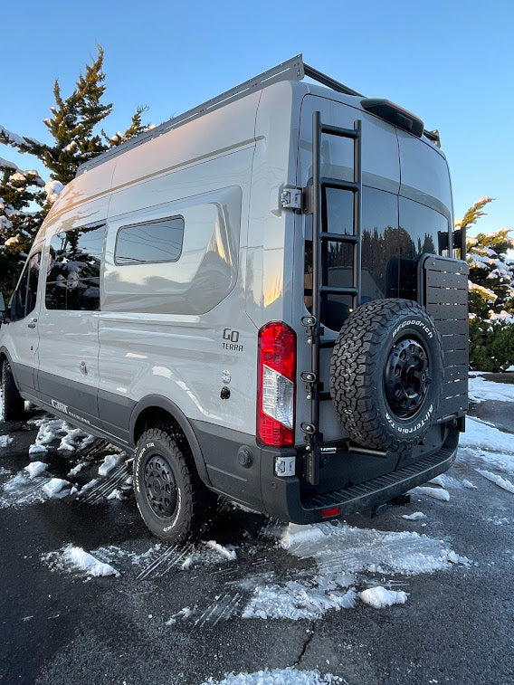 Driver Side Rear Door Ladder with Tire Box Mount Ford Transit 2015 Upfit by Grit